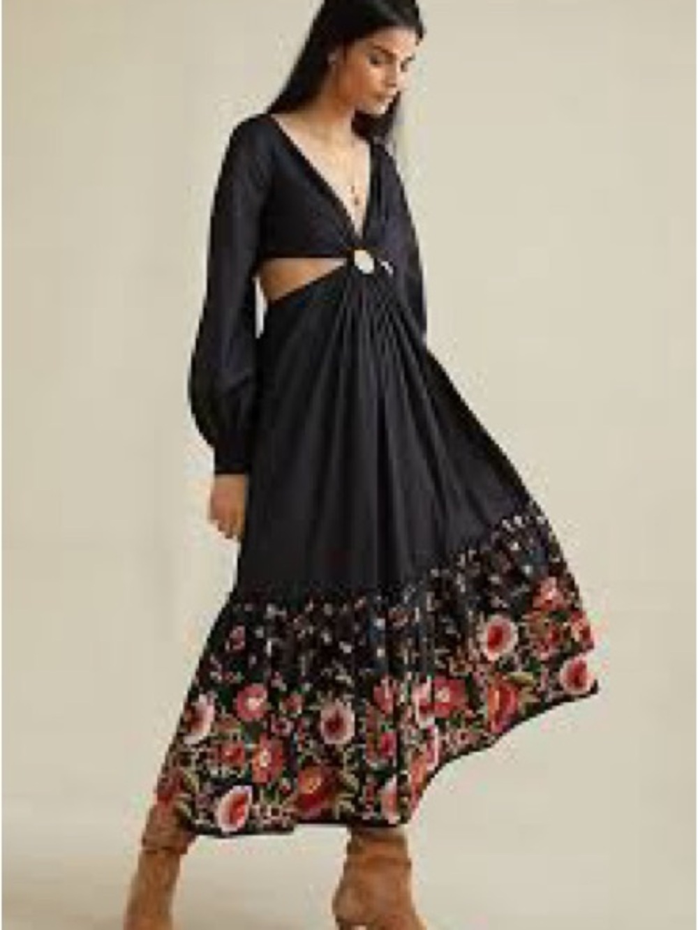 Anthropologie Black Maxi Dress with Floral Hem and Ring Cutout